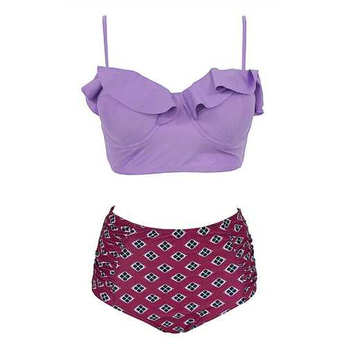 Fashion Retro Boho Flounce Two Pieces High Waist Swimsuit  Purple