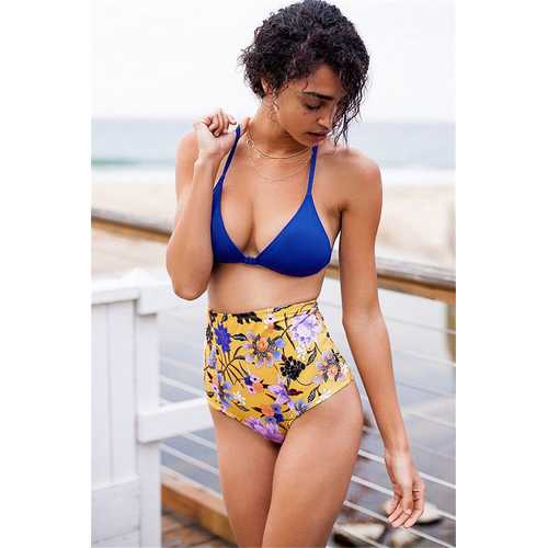 Blue Flora Printing High Waist Swimsuit