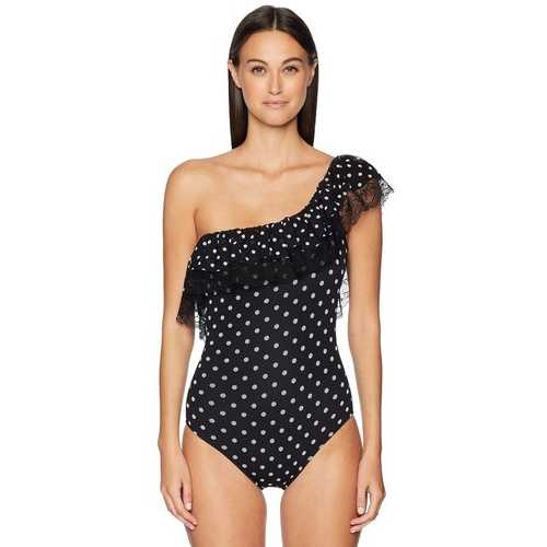 Black White-Dot One Shoulder Lace Ruffle One Piece Swimsuit