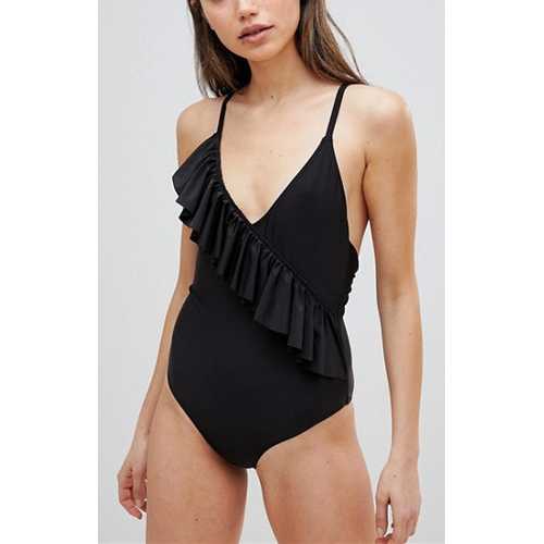 New Arrivals One Pieces Deep V-Neck Solid Swimwuit  Black