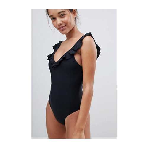 Solid Ruffled Backless Bandage Swimwear Black