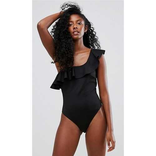 Black One Shoulder Ruffle One Piece Swimsuit