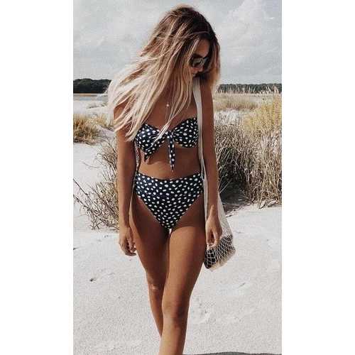 Polka Dots Prnting Off Shoulder Tied Front Bikini