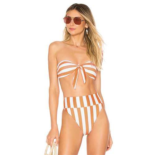 Stripe Printing Off Shoulder Tied Front Bikini