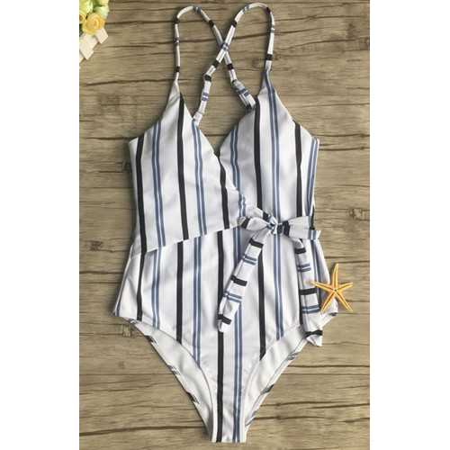 2018  New  Women Sexy  Chest Cross Tie  Striped One-piece Swimsuit