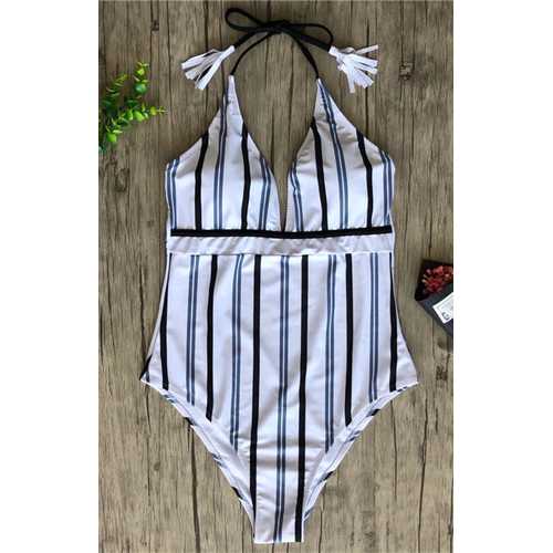 2018 Women New  V- neck  Striped One-piece Swimsuit