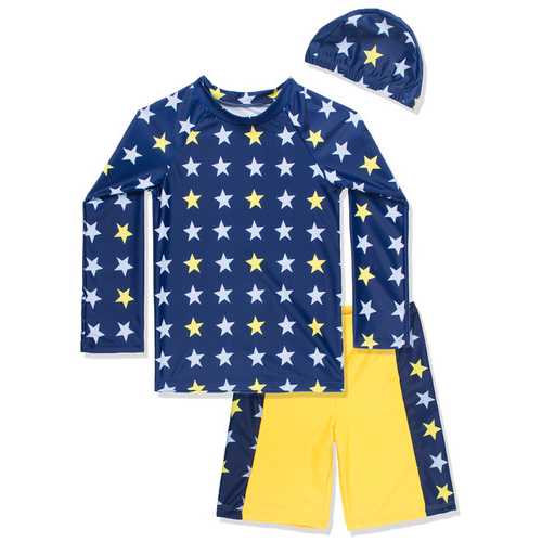 Kids Boy 3 Pieces Swimsuit Set with Swimming Cap, Star pattern