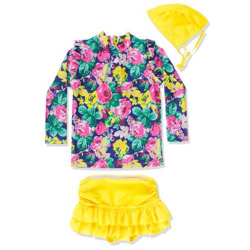 Toddlers Girls 3PCS Chic Swimsuit Long Sleeves Rash Guard Swimwear