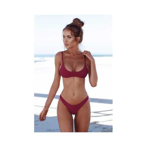 Two Piece Swimsuit Wine Red Sexy Solid Color Bikini Set