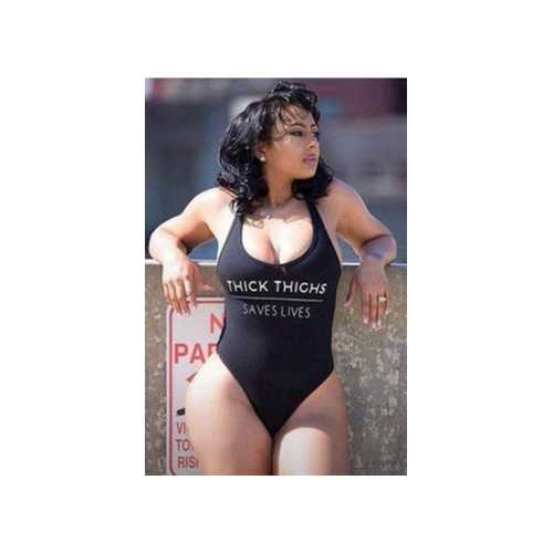 Black One-piece Letter Print Sexy Swimwear THICK THICHS