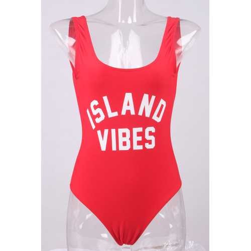 Fashion One Piece Letter Printed Bikini ISLAND VIBES Red