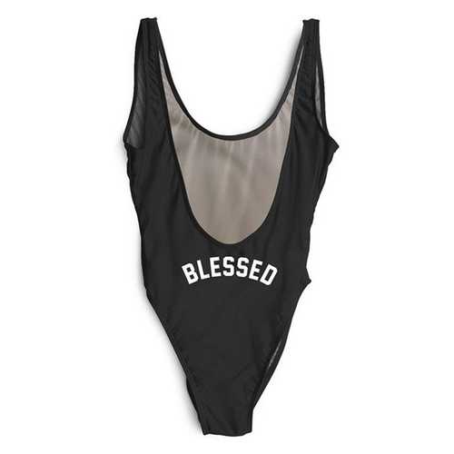 Black One piece leak-back letter printed swimwear BLESSED