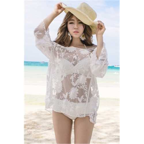 Sexy Lace Long-sleeve Floral Pattern Beachwear White