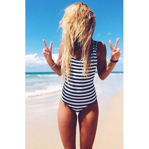 Seductive Women Striped Strappy Backless One Piece Swimsuit