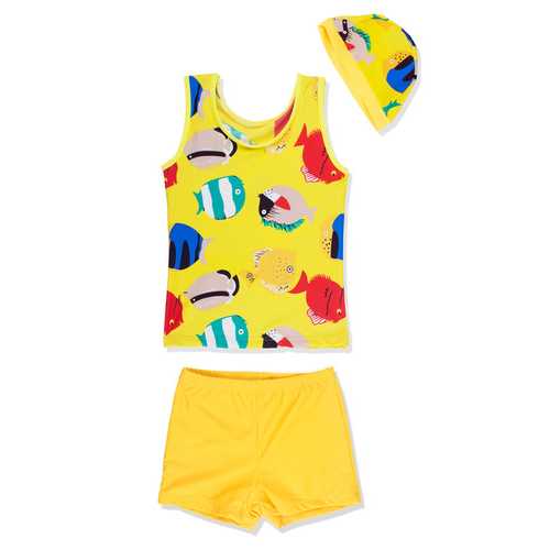 Toddler Boys Sleeveless Swimsuit Set Vest Short Pants with Hat