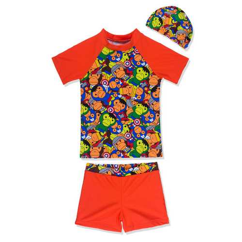 Baby Boys 3pcs Swimsuit Set Cartoon Pattern Short Sleeves Swimwear