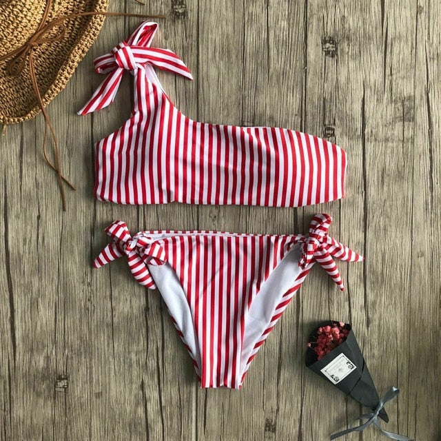 Hirigin Women Swimwear Striped Women Bikinis Set One Shoulder Bandage Pushed Up Paded Bikinis Swimsuits Biquini Real Photo