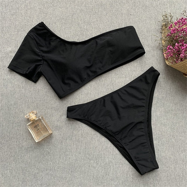 One Shoulder Bikini High Waisted Swimsuit Push Up Swimwear High Leg Cut Bathing Suits 2019 Summer Sexy Short Sleeve Biquini