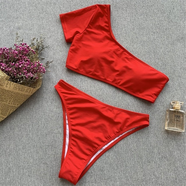 One Shoulder Bikini High Waisted Swimsuit Push Up Swimwear High Leg Cut Bathing Suits 2019 Summer Sexy Short Sleeve Biquini