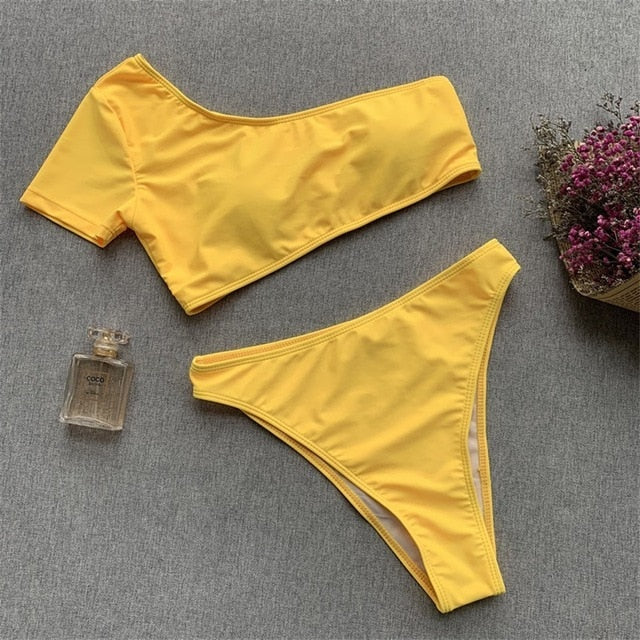 One Shoulder Bikini High Waisted Swimsuit Push Up Swimwear High Leg Cut Bathing Suits 2019 Summer Sexy Short Sleeve Biquini