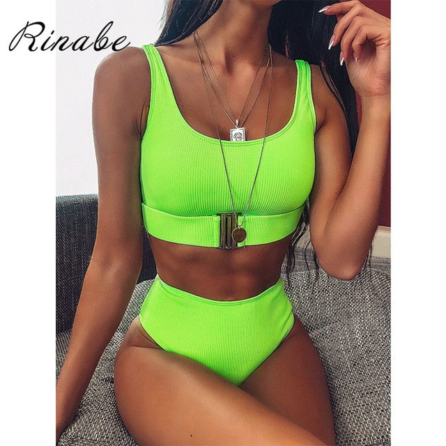 High Waist Bikini Women Neon Swimsuit Female High Belt Swimwear Ribbed Bathing Suit Women Solid Bikini Set 2019 Biquini Monokini