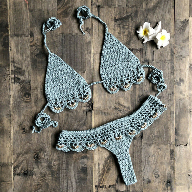 Fashion Women 2pcs Hollow Out Crochet Swimwear Bandage Bra Thong Bikini Set Push-up Padded Bathing Suit Swimsuit Beachwear