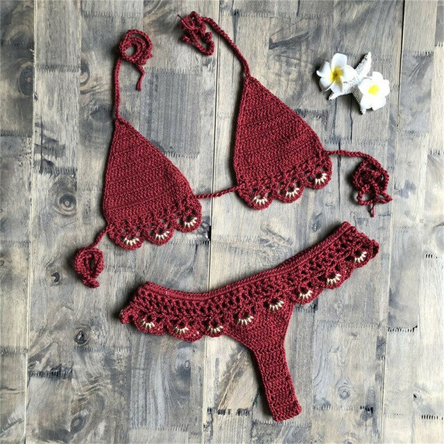 Fashion Women 2pcs Hollow Out Crochet Swimwear Bandage Bra Thong Bikini Set Push-up Padded Bathing Suit Swimsuit Beachwear