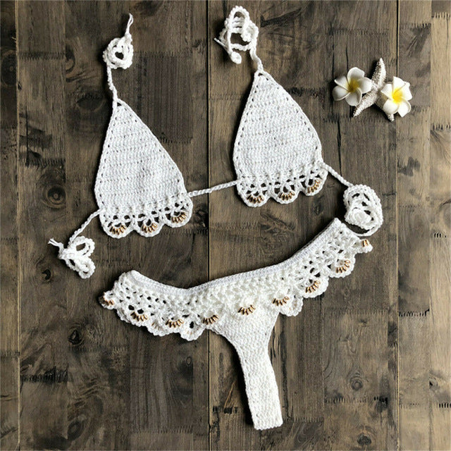 Fashion Women 2pcs Hollow Out Crochet Swimwear Bandage Bra Thong Bikini Set Push-up Padded Bathing Suit Swimsuit Beachwear