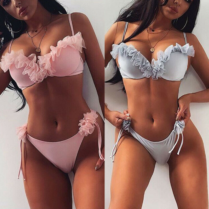 2020 Women's Sexy Bikini Set Two-Pieces Ruffles Push Up Padded Summer Bra Thong Bandage Swimsuit Swimwear Bathing Suit Beachwear