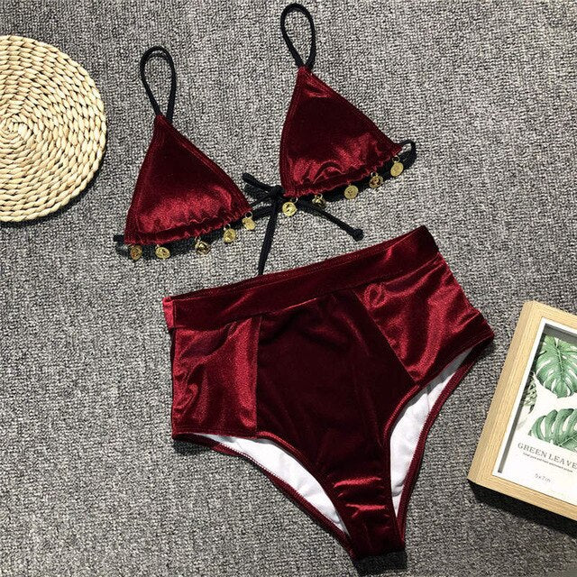 GNIM HL High Waist Sexy Bikini Mujer New 2019 Velvet Swimwear Women Summer Beachwear Bathing Suit Two Piece Solid Swimsuit Women