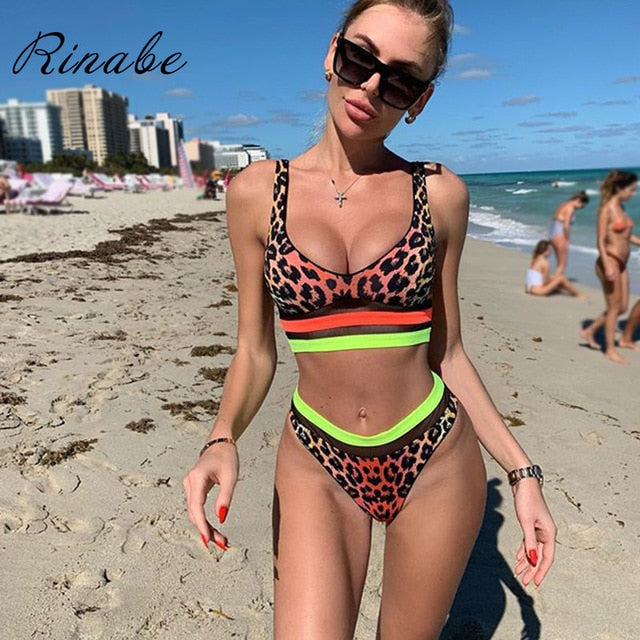 Rinabe High Waist Bikini Push Up Swimsuit Women Bathing Suit Print Bikini Set Leopard Biquini Solid Swimwear Beachwear Monokini