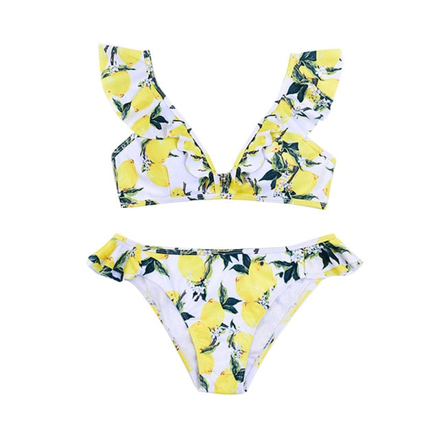 Beach Bikini 2020 Print Ruffle Swimwear Women Halter Bikinis Set Push Up Padded Floral Swimwear Swimsuit Bathing suit biquini