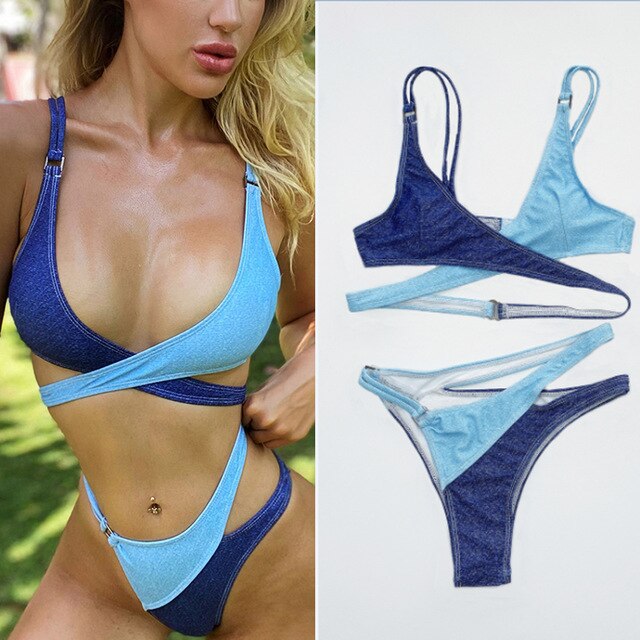 Denim Color Block Bandage Bikini Set for Women 2020 New Summer Push Up Swim Suits Sexy High Leg Cut Swimwear Lady Beach Biquini