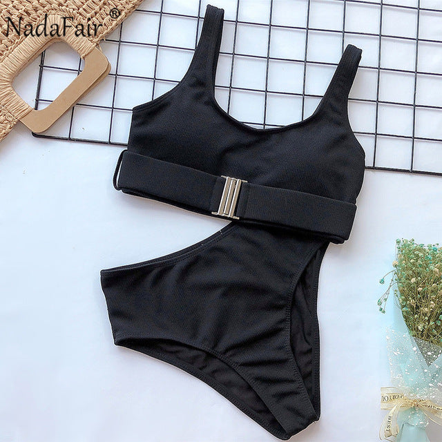 Nadafair High Waist Bikini Set 2020 Rib Knitted Swimwear Women Tankini Bathing Suit Female Black White Bikinis