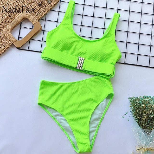 Nadafair High Waist Bikini Set 2020 Rib Knitted Swimwear Women Tankini Bathing Suit Female Black White Bikinis