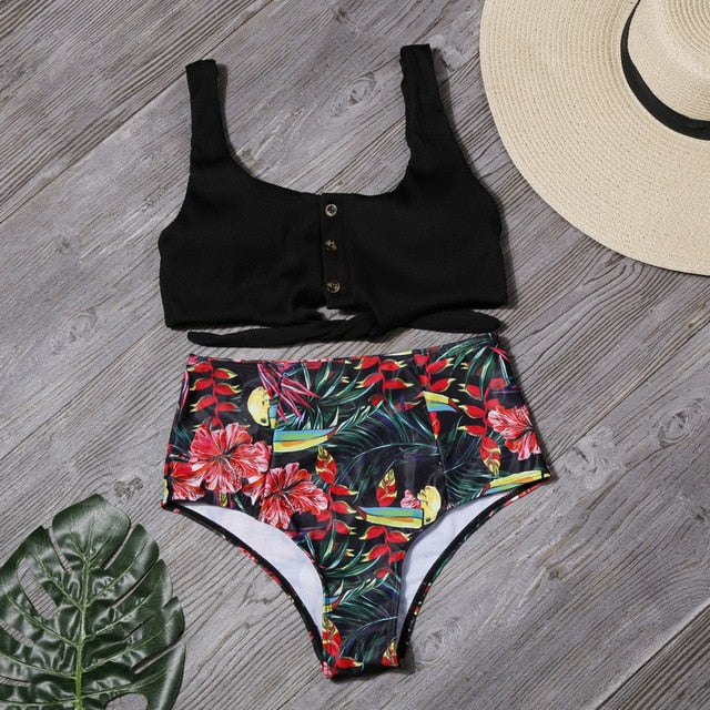 High Waist Tank Bikini Set Bandage Bikinis Sexy Print Swimwear Women Swimsuit Hollow Bathing Suit Female Beachwear Biquini Femme