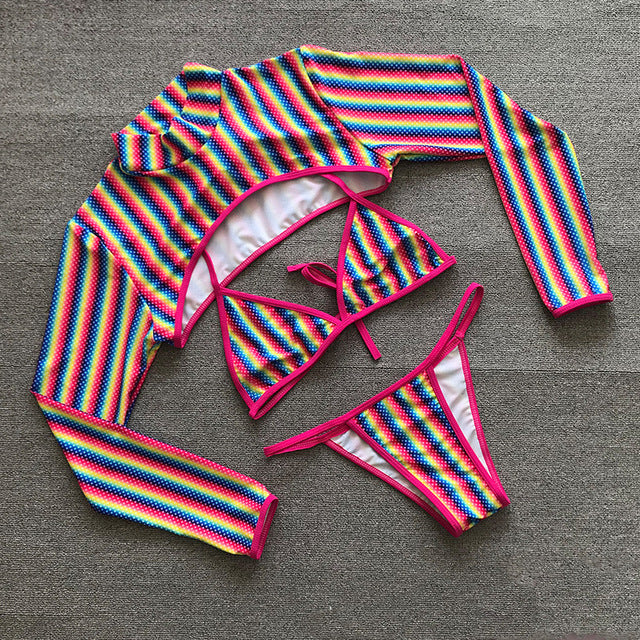 Bikini  Thong Bikini Swimwear Swimming Suit Rainbow Stripe Rainbow E Printing Long Sleeve Bikini