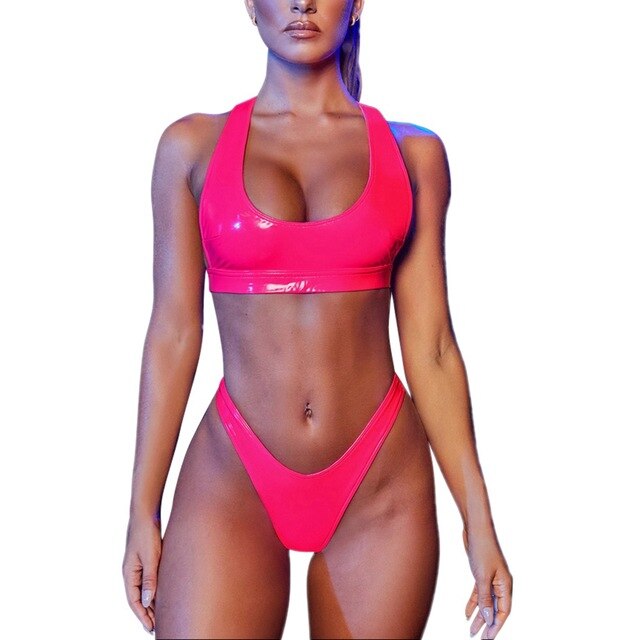 HOT Sexy Wet Look PU Leather Shiny Swimsuit Brazilian High Cut Bikini Set Swimwear Push Up Bathing Suit Women Beachwear Biquini