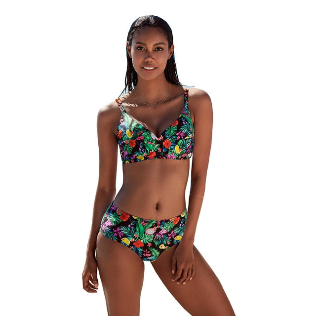 High Waist Bikini 2020 New Swimwear Women Solid Red Print Floral Push Up Bikini Set Swimsuit Female Beachwear Two Piece Suit S-L