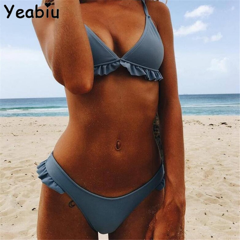 2019 Bikinis Set Thong Bikini Sexy Push Up Bra Swimwear Ruffles Swimsuit Low Waist Bathing Suit Swimming Mujer Talla Grande