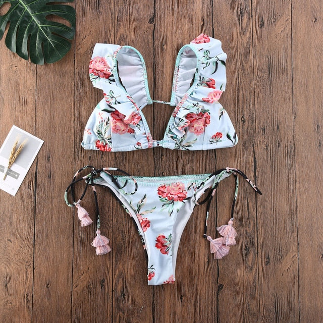 Beach Bikini 2020 Print Ruffle Swimwear Women Halter Bikinis Set Push Up Padded Floral Swimwear Swimsuit Bathing suit biquini