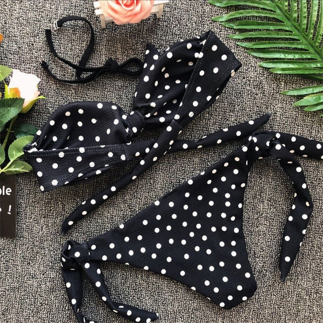 Women Bikini Set Vintage Dot Push-up Padded Bandage Bikini Set Swimsuit Swimwear Black Red Bathing Suits Beachwear