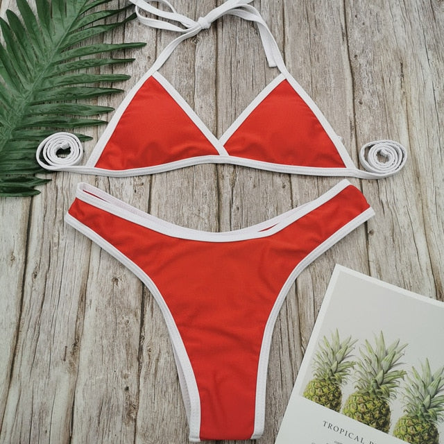 Women Sexy Bikini Set Solid Color Swimsuit Female French Triangle Low-waist Swimwear Female Lace-up Back Fashion Swimming Suit