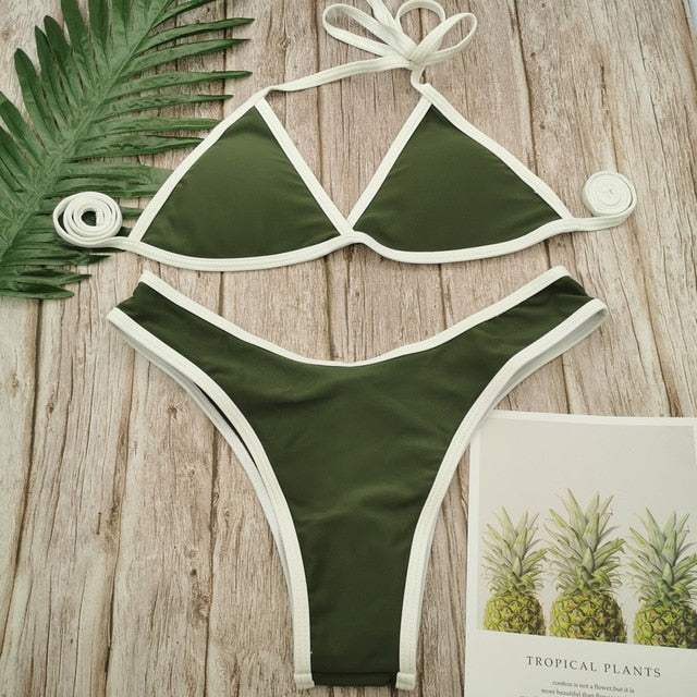 Women Sexy Bikini Set Solid Color Swimsuit Female French Triangle Low-waist Swimwear Female Lace-up Back Fashion Swimming Suit