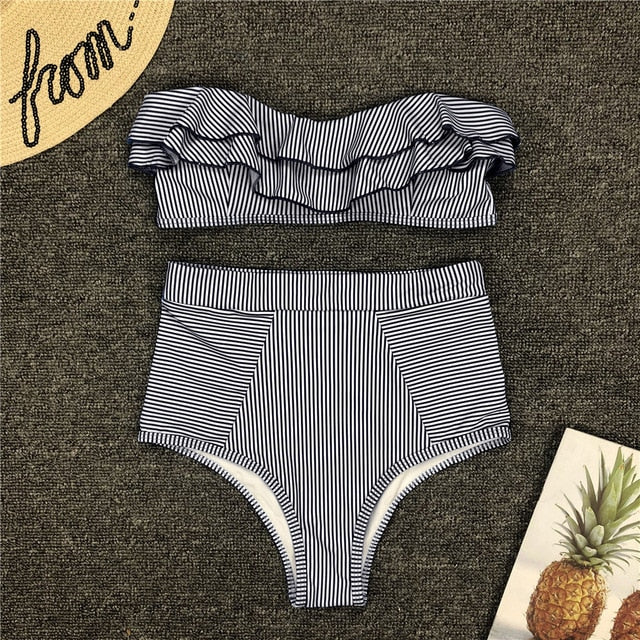 New Sexy High Waist Bikini Set Off Shoulder Falbala Two-Piece Swimwear Women Biquini Strapless Swimsuit Beachwear Bathing Suit