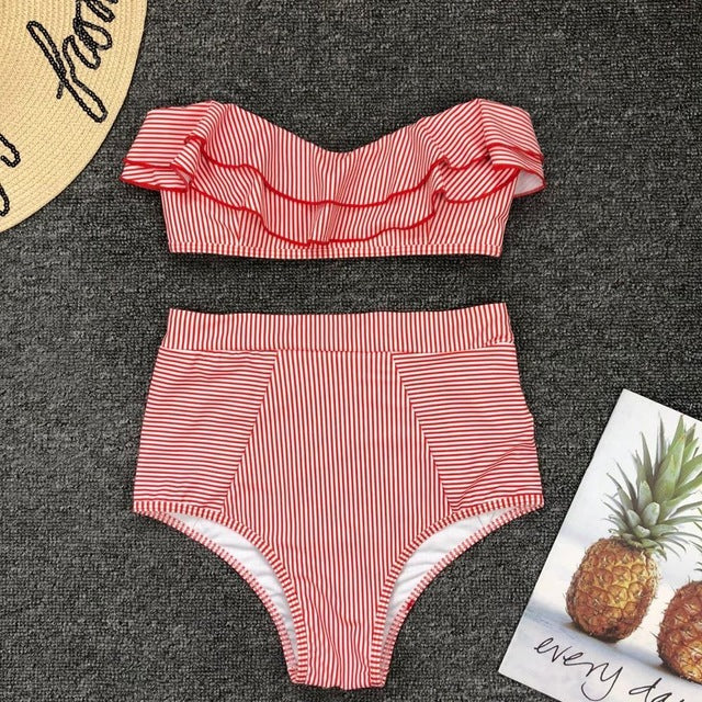 New Sexy High Waist Bikini Set Off Shoulder Falbala Two-Piece Swimwear Women Biquini Strapless Swimsuit Beachwear Bathing Suit