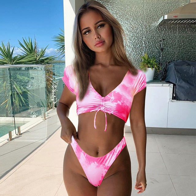 2020 New Sexy Gradient Color Print Bikini Swimwear Women Swimsuit Short Sleeve Bikini Set Push Up Bathing Suit Summer Beach Wear