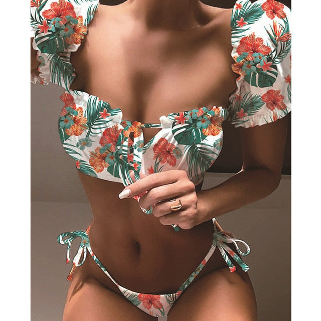 2020 New Sexy Gradient Color Print Bikini Swimwear Women Swimsuit Short Sleeve Bikini Set Push Up Bathing Suit Summer Beach Wear