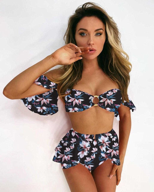 Solid Print Swimsuit With Skirt Sexy High Waist Bikini Removable Ruffle Swimsuit Female Swimwear Women Off Shoulder Bathing Suit