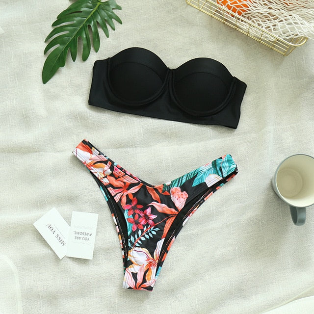 Sexy Low Waist Bikini Set Mujer Push Up Bandage Bikini Swimwear Women Floral Two Pieces Swimsuit Strappy biquini traje de baño